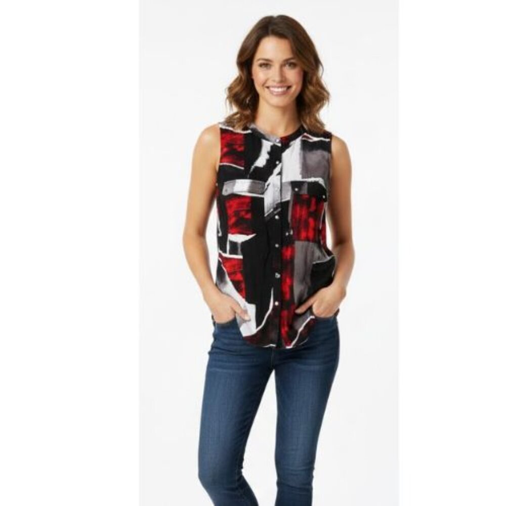 Le Chateau black white and red geometric patchwork pattern sleeveless bl…